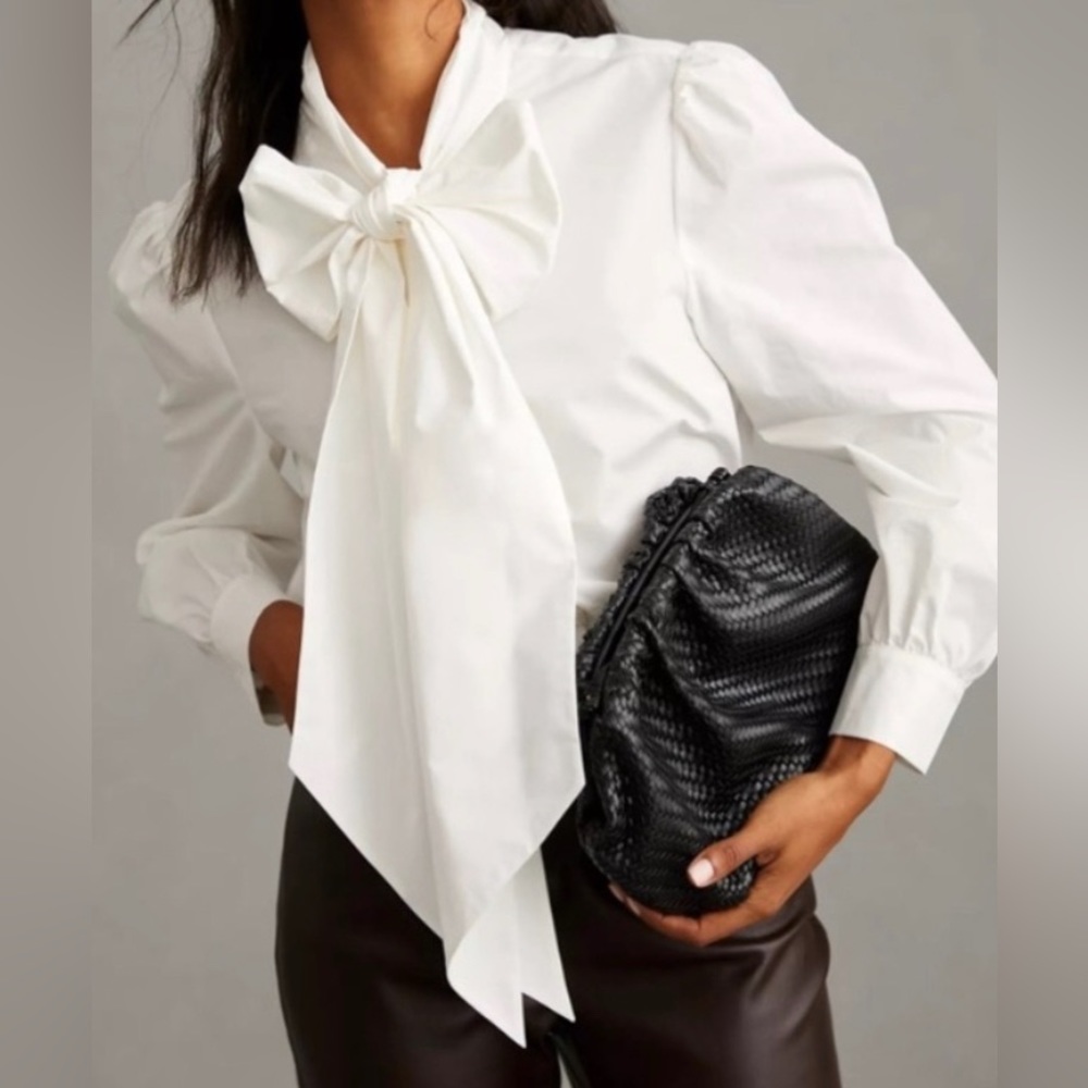 Mare Mare by Anthro Button Down Oversized Bow Puff Sleeve White Blouse